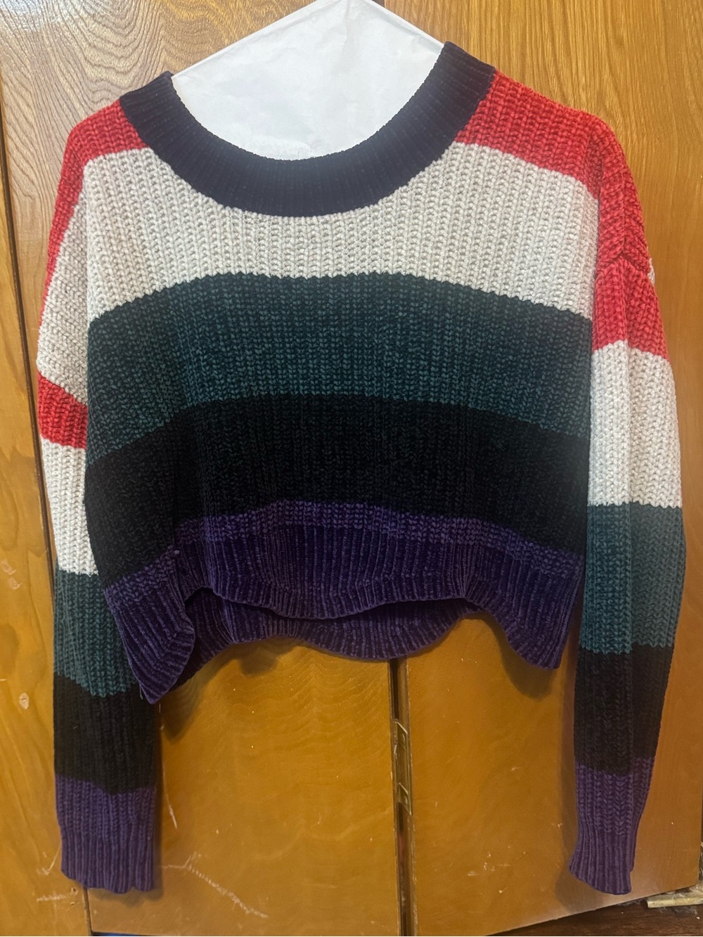 Luv Lane Striped Cropped Knit Sweater - Red, Cream, Green, Black & Purple